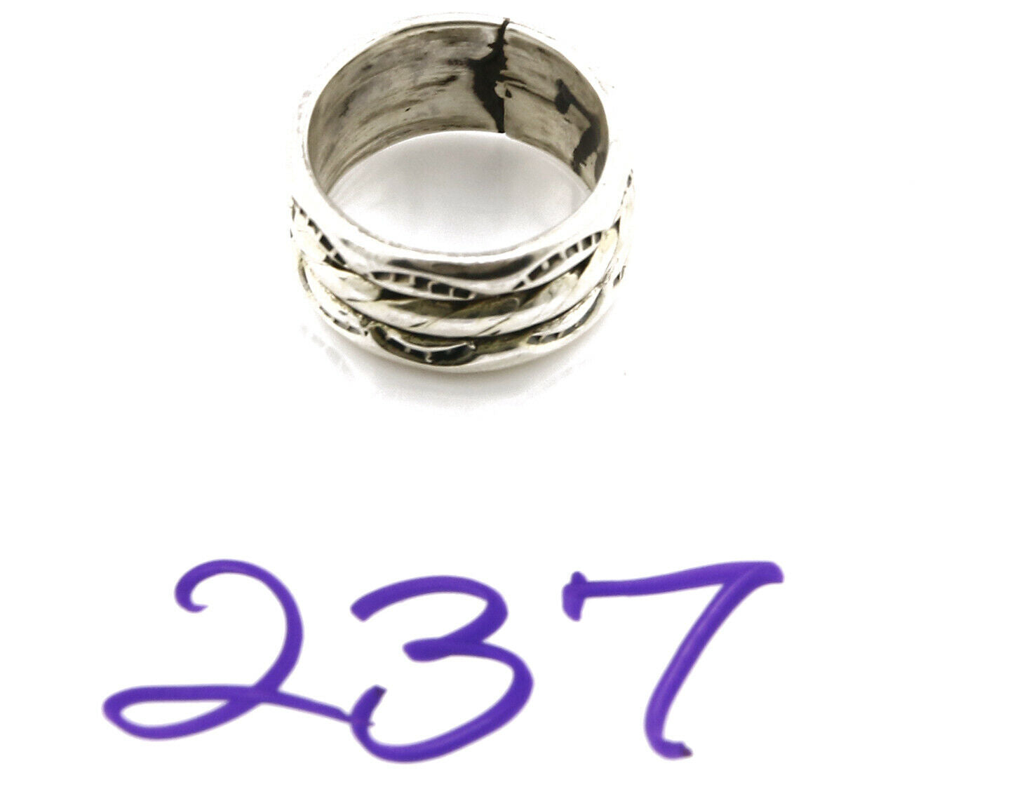 Navajo Ring .925 Silver Handmade Hand Stamped 3 Row Rope Band C.1980's Size 5.0