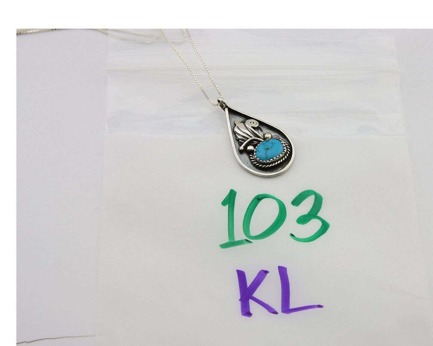 Navajo Necklace 925 Silver Blue Turquoise Artist Signed JASON BAHE C.80's