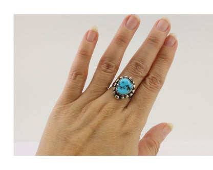 Navajo Ring 925 Silver Sleeping Beauty Turquoise Artist Signed SC C.80's