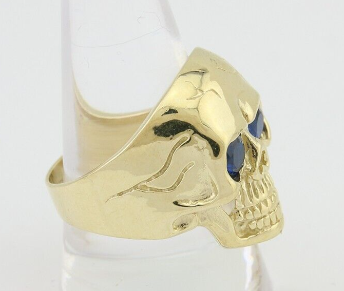 Men 14k SOLID Gold Skull Ring Silica Blue Sapphire Eyes Size 11
