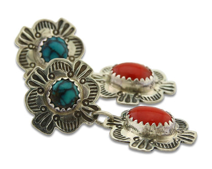 Navajo Earrings 925 Silver Turquoise & Coral Artist Signed Mary Ellen C.80's
