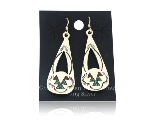 Navajo Earrings Sterling Silver Coral & Turquoise Vintage Dangle Handmade