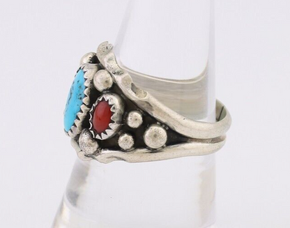 Navajo Ring 925 Silver Coral Turquoise Artist Signed Ella Cowboy C.80's