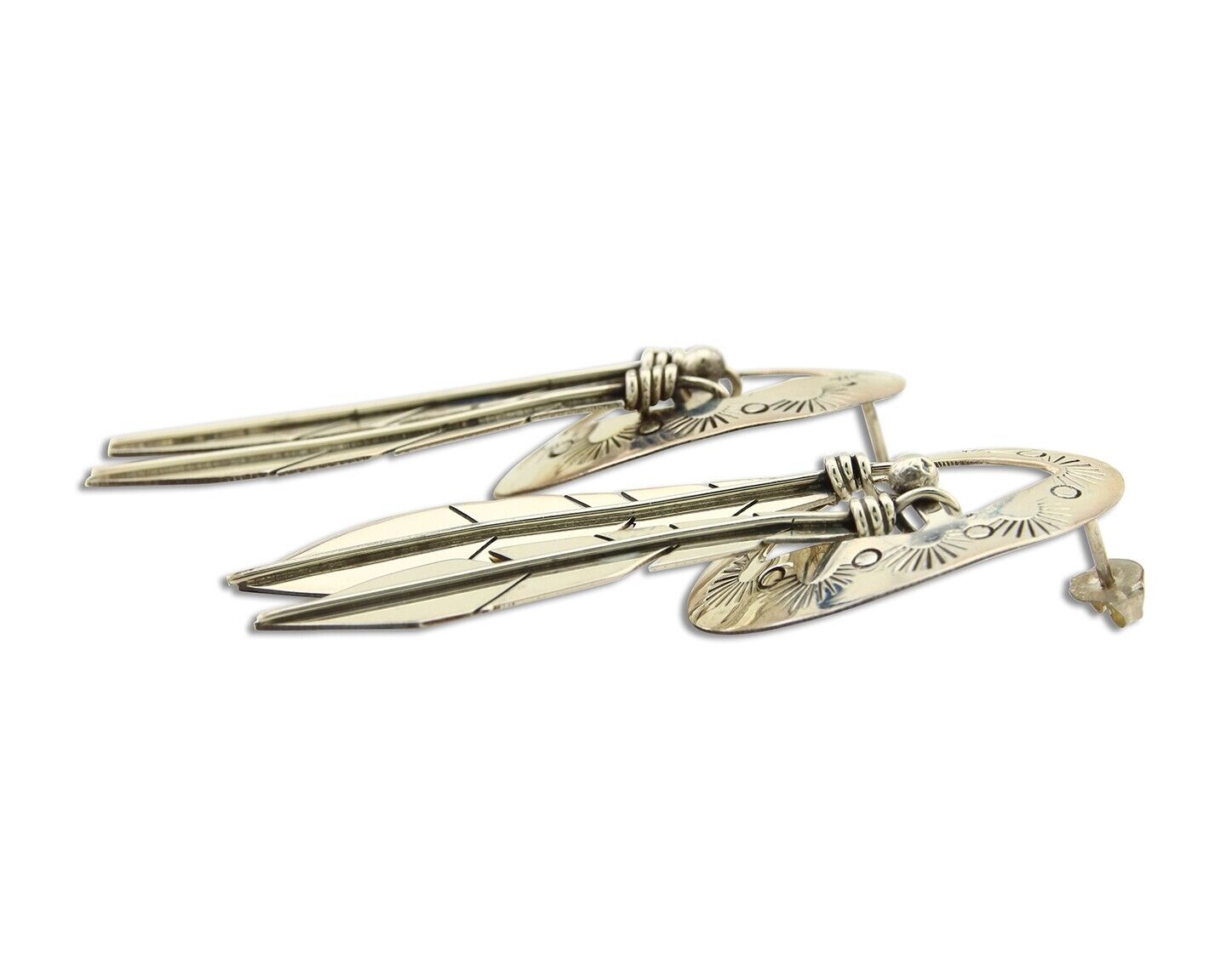 Navajo Feather Earrings 925 Silver Dangle Artist Signed DISHTA C.80's