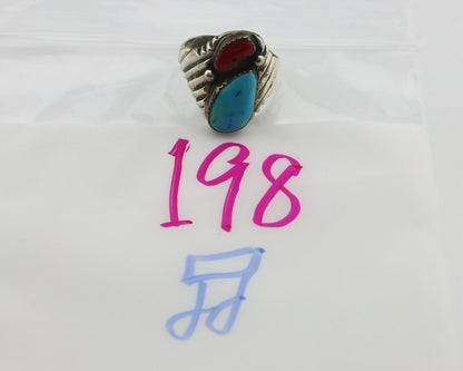 Navajo Ring 925 Silver Sleeping Beauty Turquoise & Coral Native Artist C.80s