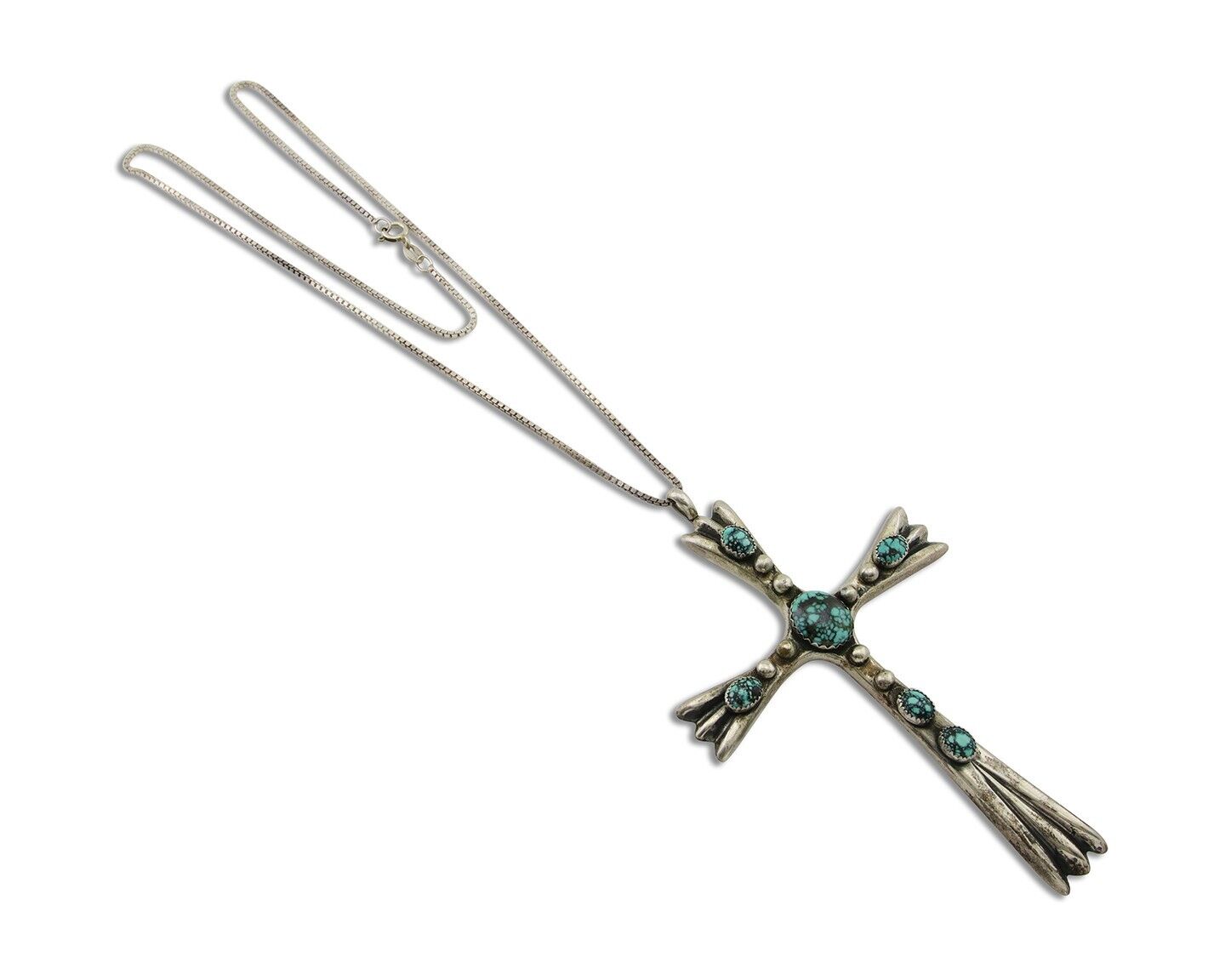 Navajo Sand Cast Cross Pendant 925 Silver Turquoise Signed FJ Begay C.80's