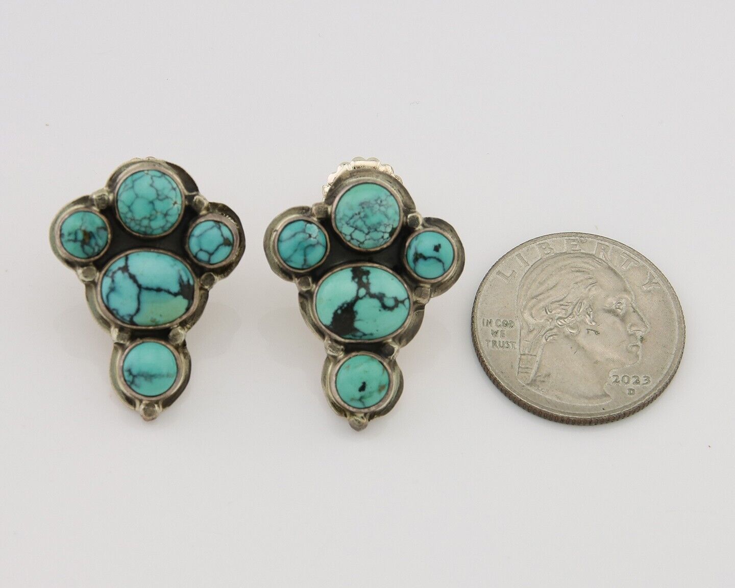Navajo Earrings 925 Silver Natural Turquoise Artist Signed Roie Jaque C.80's