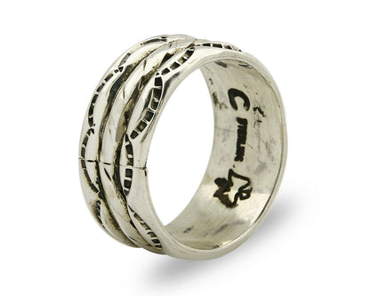 Navajo Ring .925 Silver Handmade Hand Stamped 3 Row Rope Band C.1980's