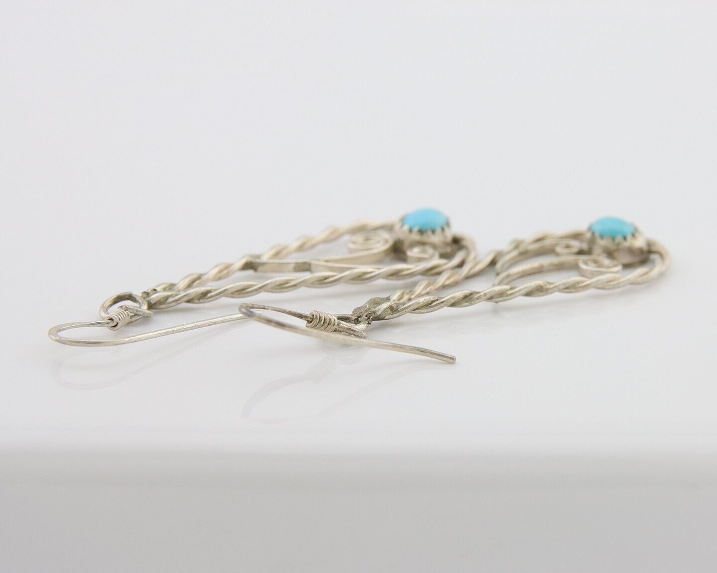 Navajo Dangle Earrings 925 Silver Natural Turquoise Artist Signed JB C.80's