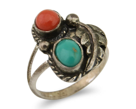 Navajo Handmade Ring 925 Silver Coral & Turquoise Native Artist C.80's