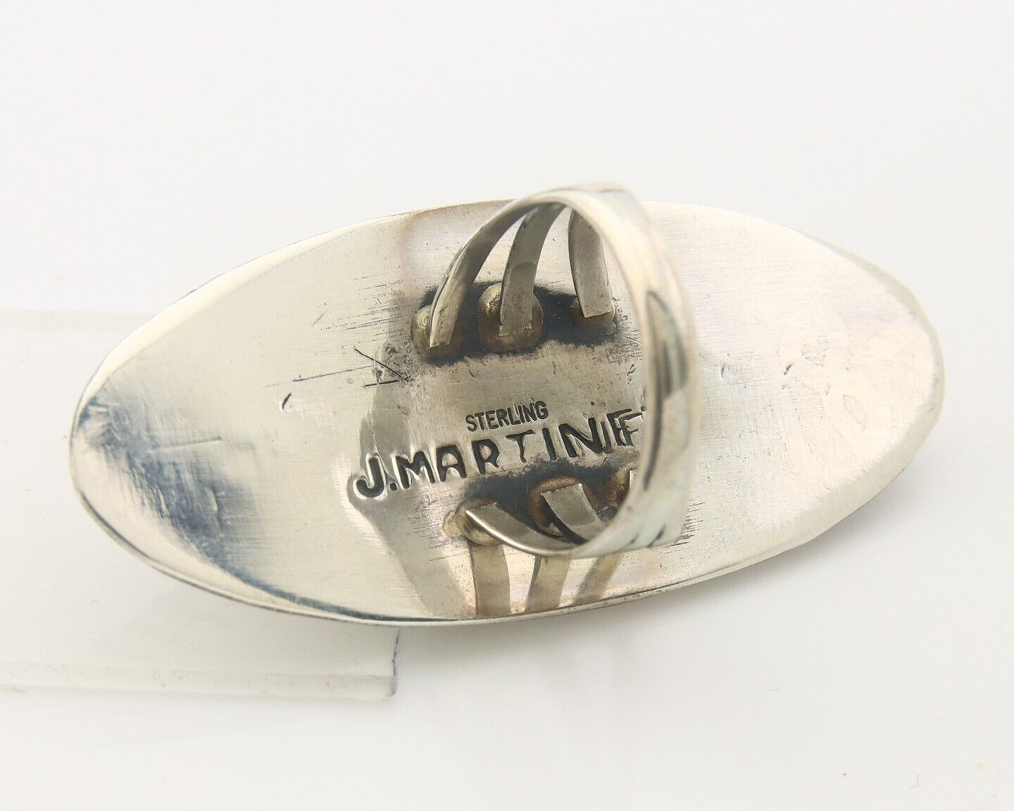 Navajo Ring 925 Sterling Turquoise Hand Stamped Signed J Martinez C.80's Sz 7.5