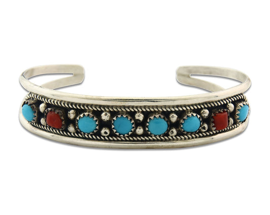 Vintage Navajo Bracelet 925 Silver Red Coral Turquoise Signed FA