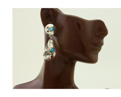 Navajo Earrings 925 Silver Turquoise & Coral Artist Signed Leeann Lee C.80's