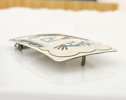 Navajo Belt Buckle 925 Sterling Silver Turquoise & Coral Signed HB C.80's