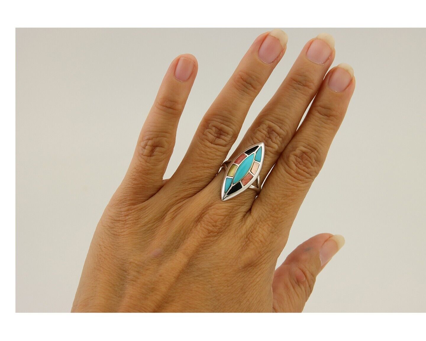Navajo Ring 925 Silver Turquoise Shell Onyx Spiney Oyster Native Artist C.80's