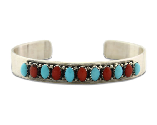 Vintage Navajo Bracelet 925 Silver Red Coral Turquoise Signed J Begay