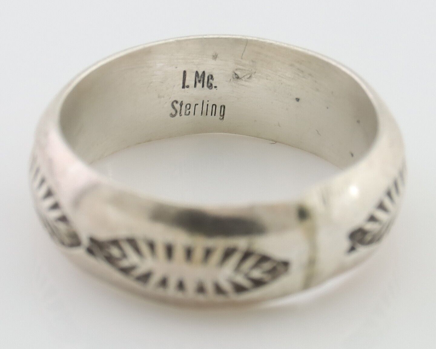 Navajo Hand Stamped Band 925 Silver 6.0 mm Signed Larry Chavez Size 5.5 C.80's