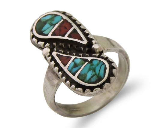 Navajo Ring 925 Silver Chip Inlay Turquoise & Coral Native Artist C.80's