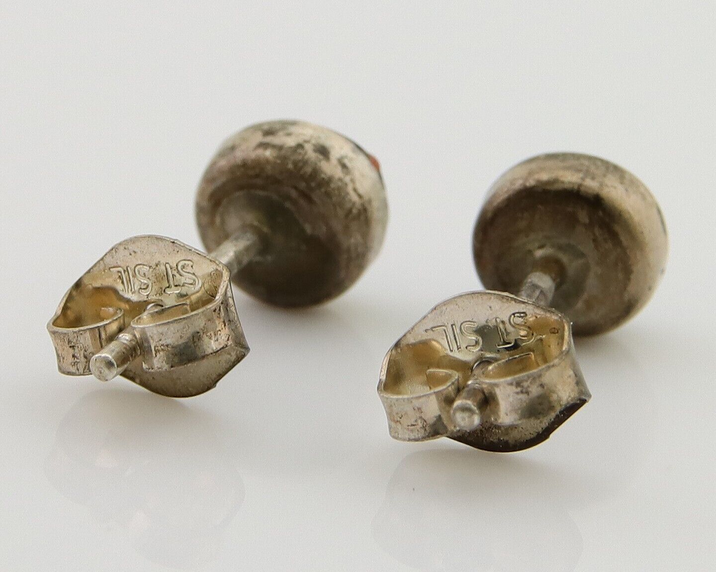 Navajo Earrings 925 Silver Inlaid Natural Onyx & Coral Native Artist C.80's