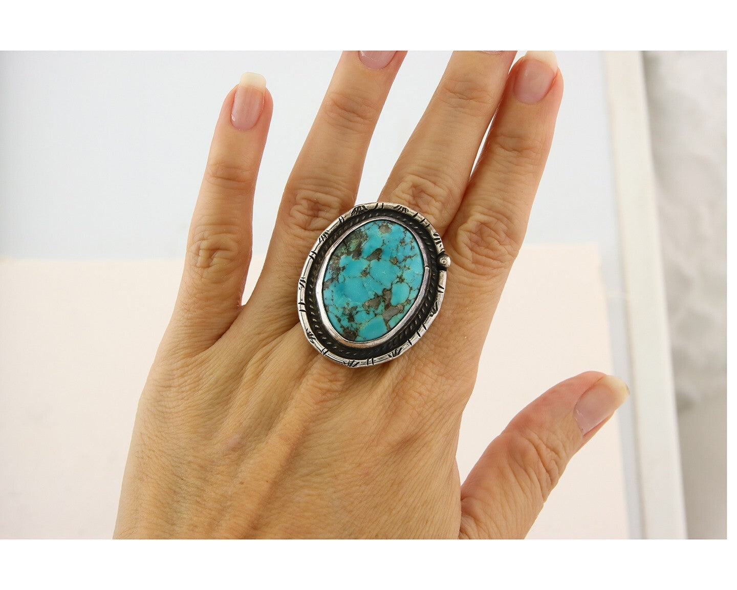 Navajo Ring 925 Sterling Natural Mined Turquoise Signed Wild Bear C.80's Size 11
