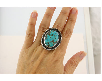 Navajo Ring 925 Sterling Natural Mined Turquoise Signed Wild Bear C.80's Size 11