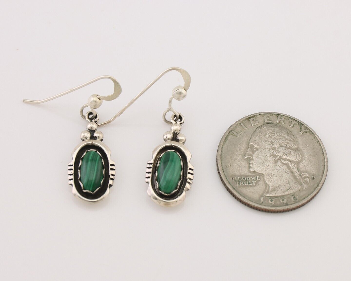 Navajo Dangle Earrings 925 Silver Natural Malachite Native American Artist C.80s