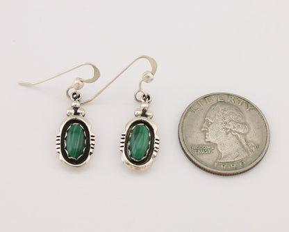 Navajo Dangle Earrings 925 Silver Natural Malachite Native American Artist C.80s