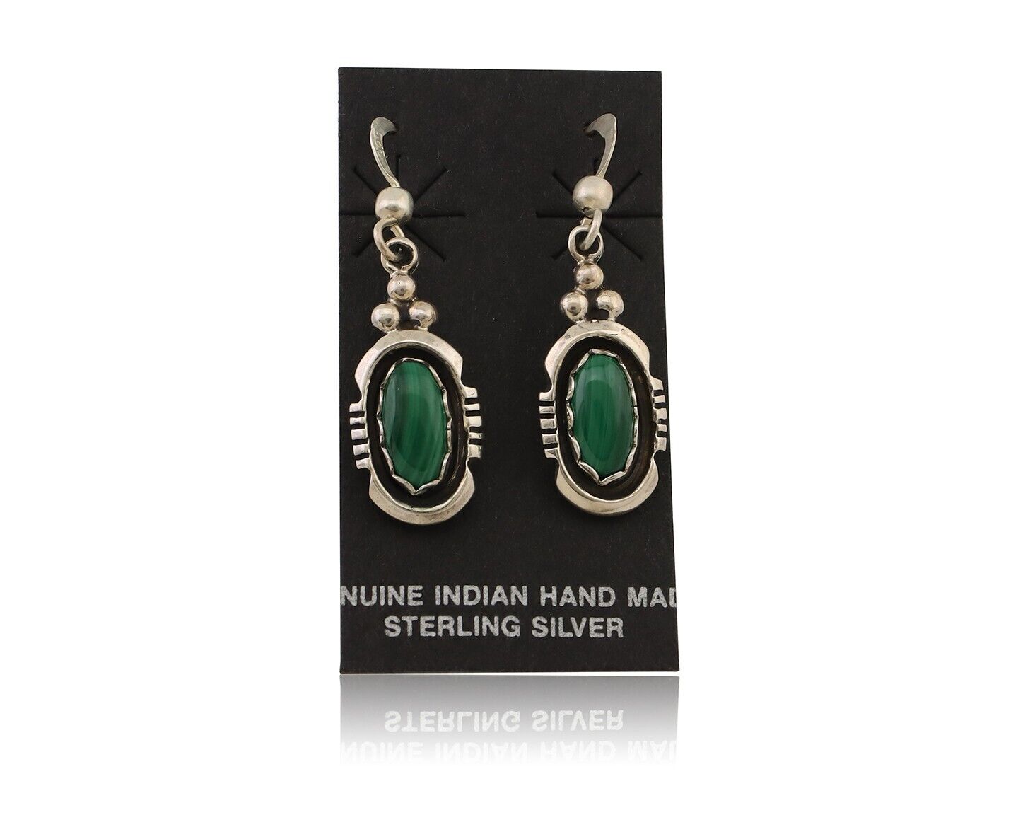 Navajo Dangle Earrings 925 Silver Natural Malachite Native American Artist C.80s