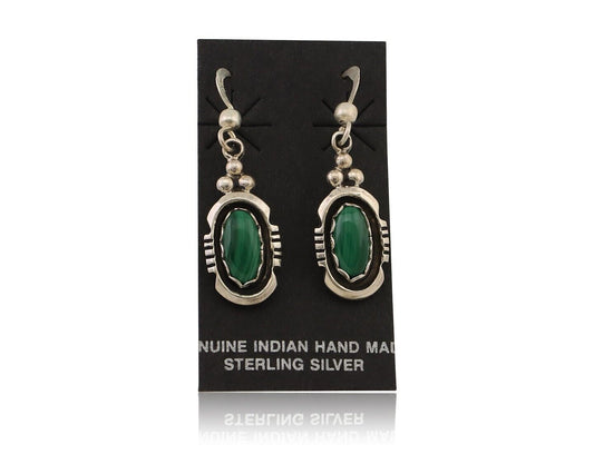 Navajo Dangle Earrings 925 Silver Natural Malachite Native American Artist C.80s
