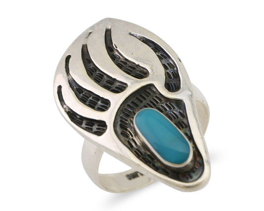 Navajo Badger Paw Ring 925 Silver Turquoise Native American Artist C.80's