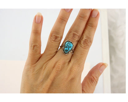 Navajo Ring 925 Sterling Natural Mined Blue Nugget Turquoise C.80's Size 6.0