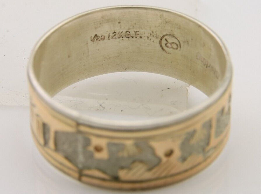 Men Navajo Handmade Ring 925 Silver & Gold Signed C8 C.80's