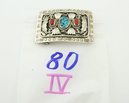 Vintage Navajo Belt Buckle 925 Silver Cluster Natural Gemstone Signed Teepee