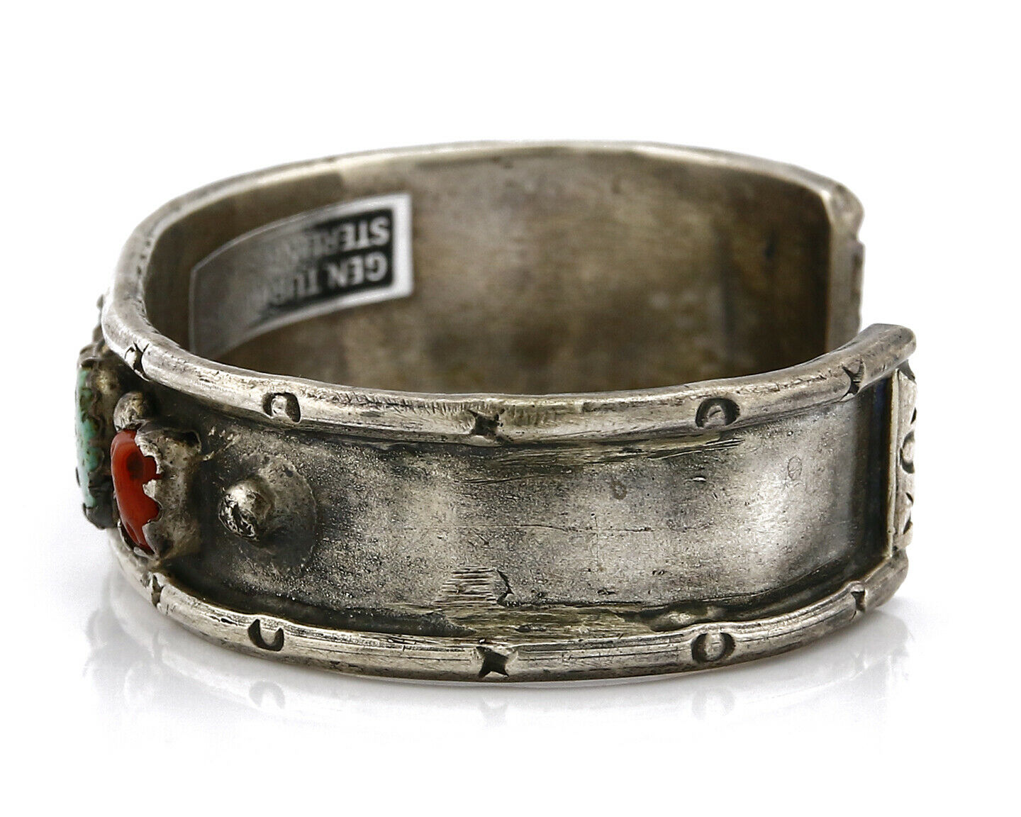 Navajo Bracelet .925 Silver Red Coral & Turquoise Handmade Cuff C.70's