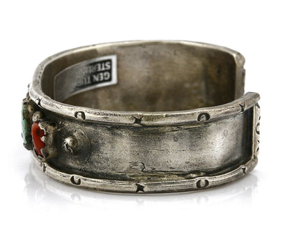 Navajo Bracelet .925 Silver Red Coral & Turquoise Handmade Cuff C.70's