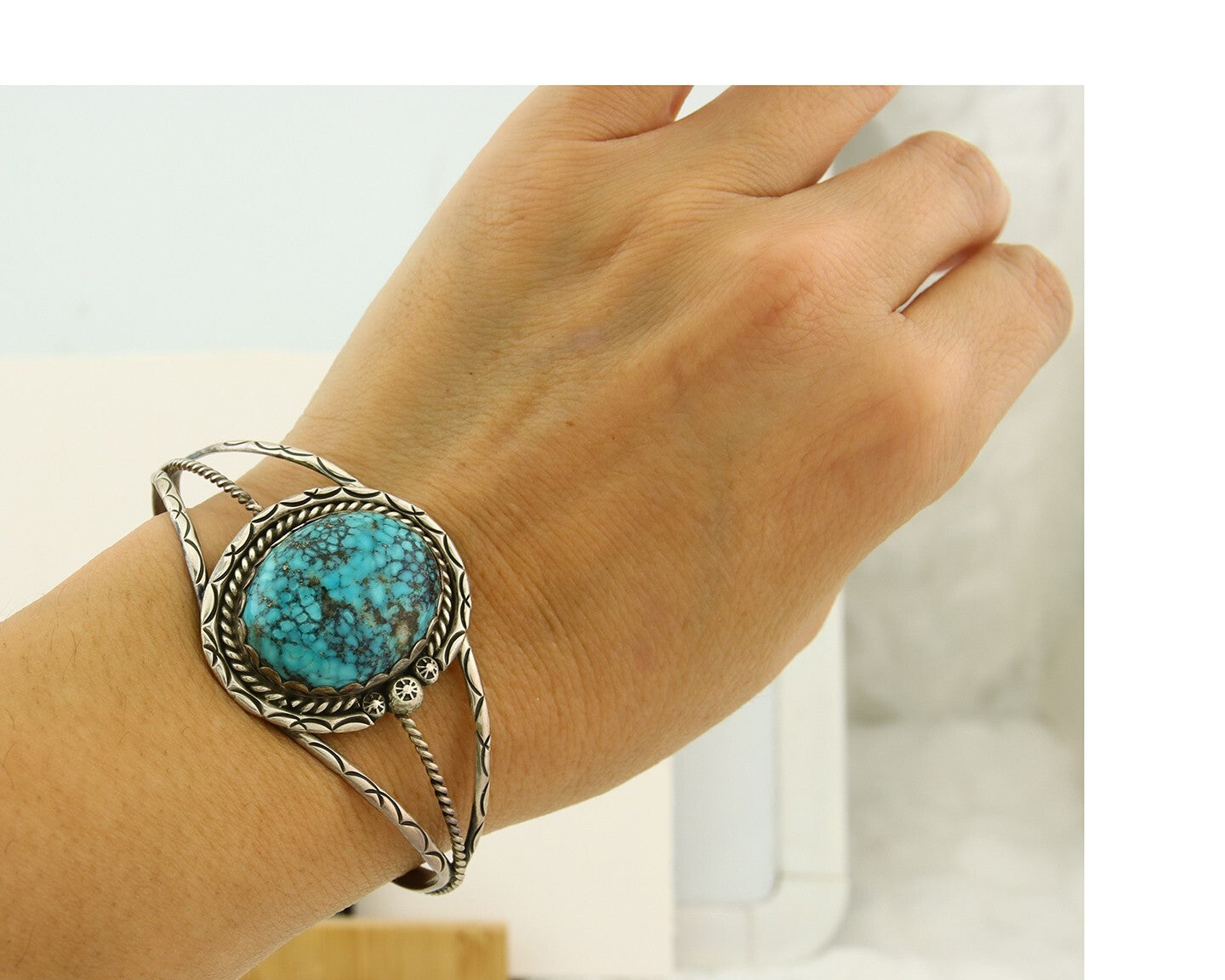 Navajo Bracelet 925 Silver Natural Blue Turquoise Native American Artist C.80s