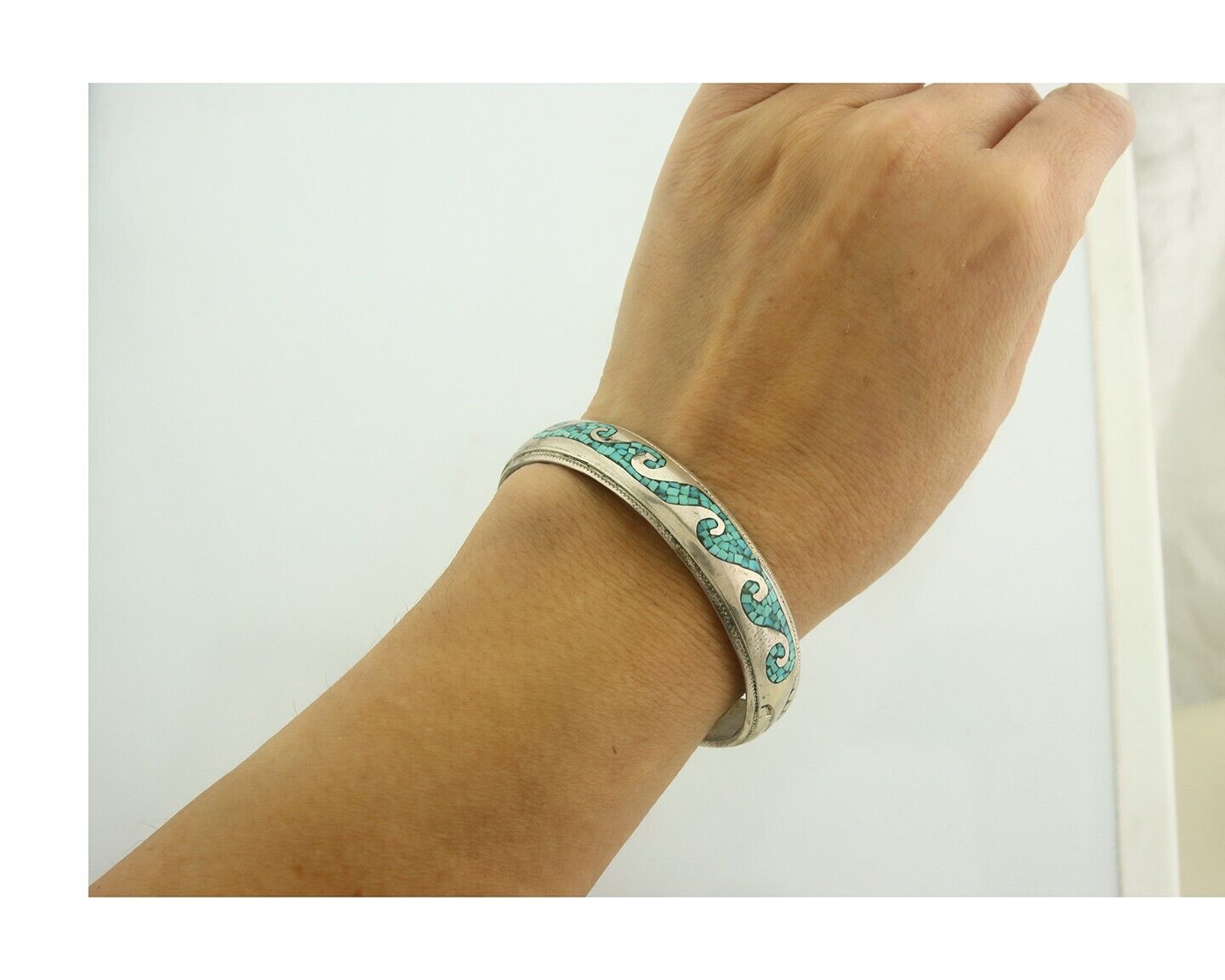 Navajo Bracelet 925 Silver Inlaid Turquoise Cuff Artist Signed LB C.80's