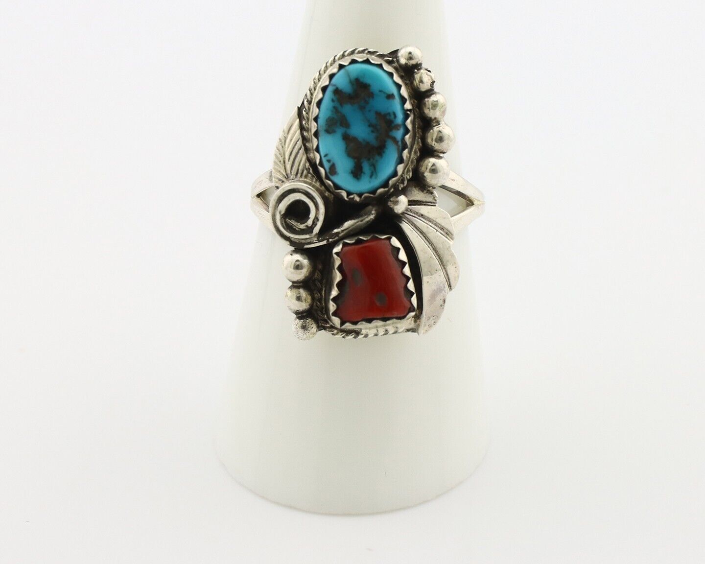Navajo Ring .925 Silver Turquoise & Coral Artist Signed Justin Morris C.80's