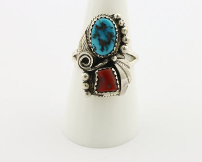 Navajo Ring .925 Silver Turquoise & Coral Artist Signed Justin Morris C.80's