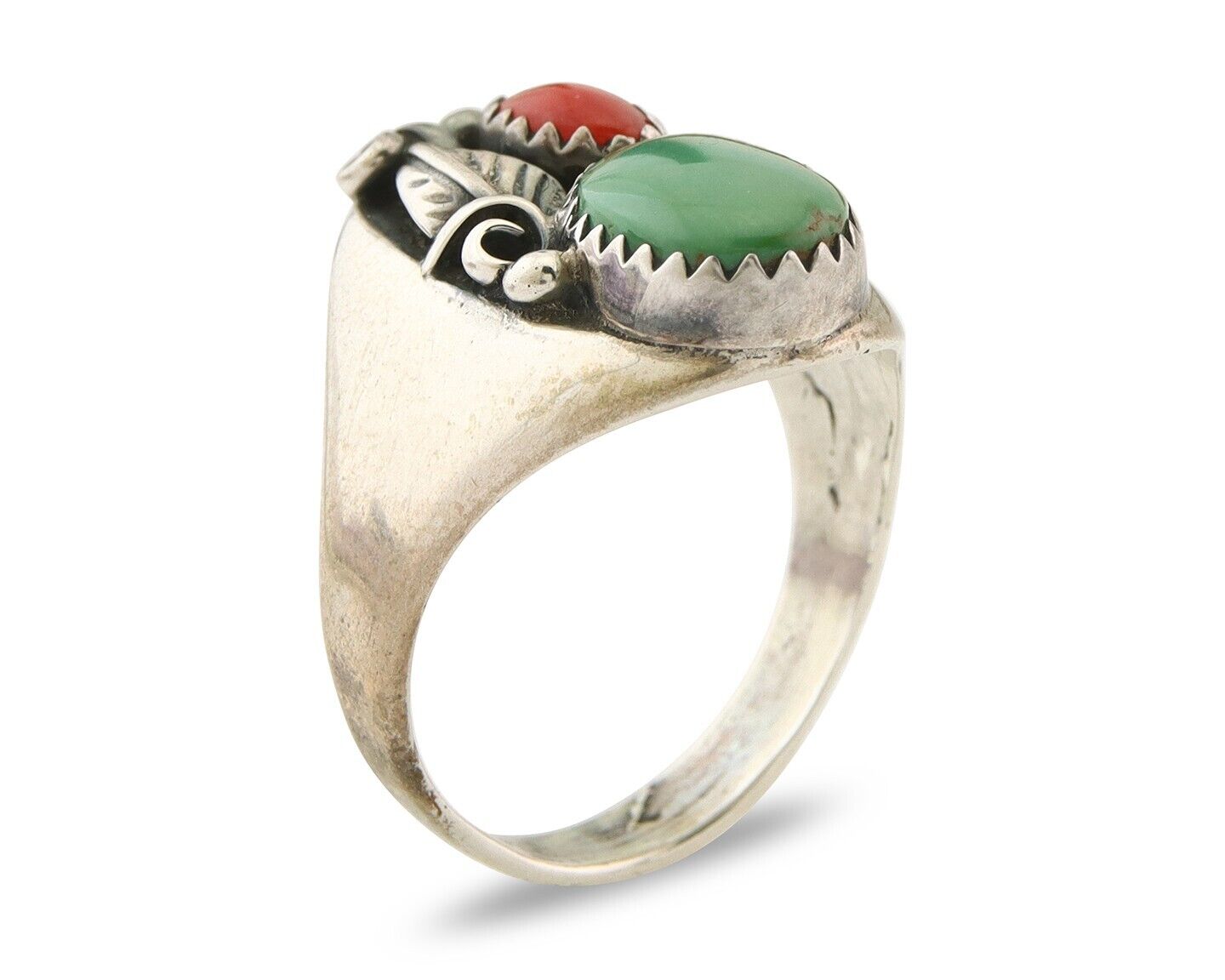 Navajo Ring 925 Sterling Turquoise & Coral Native Artist C.80's Size 8.5