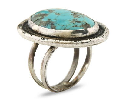 Navajo Ring 925 Sterling Natural Mined Turquoise Signed Wild Bear C.80's Size 11