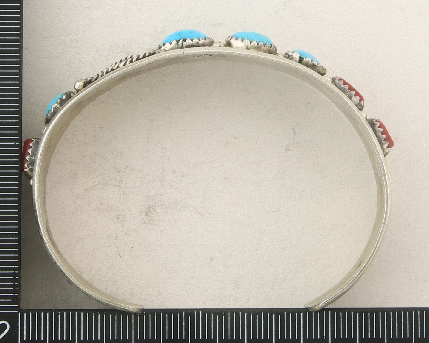 Navajo Bracelet 925 Silver Coral & Turquoise Cuff Signed E C.80's
