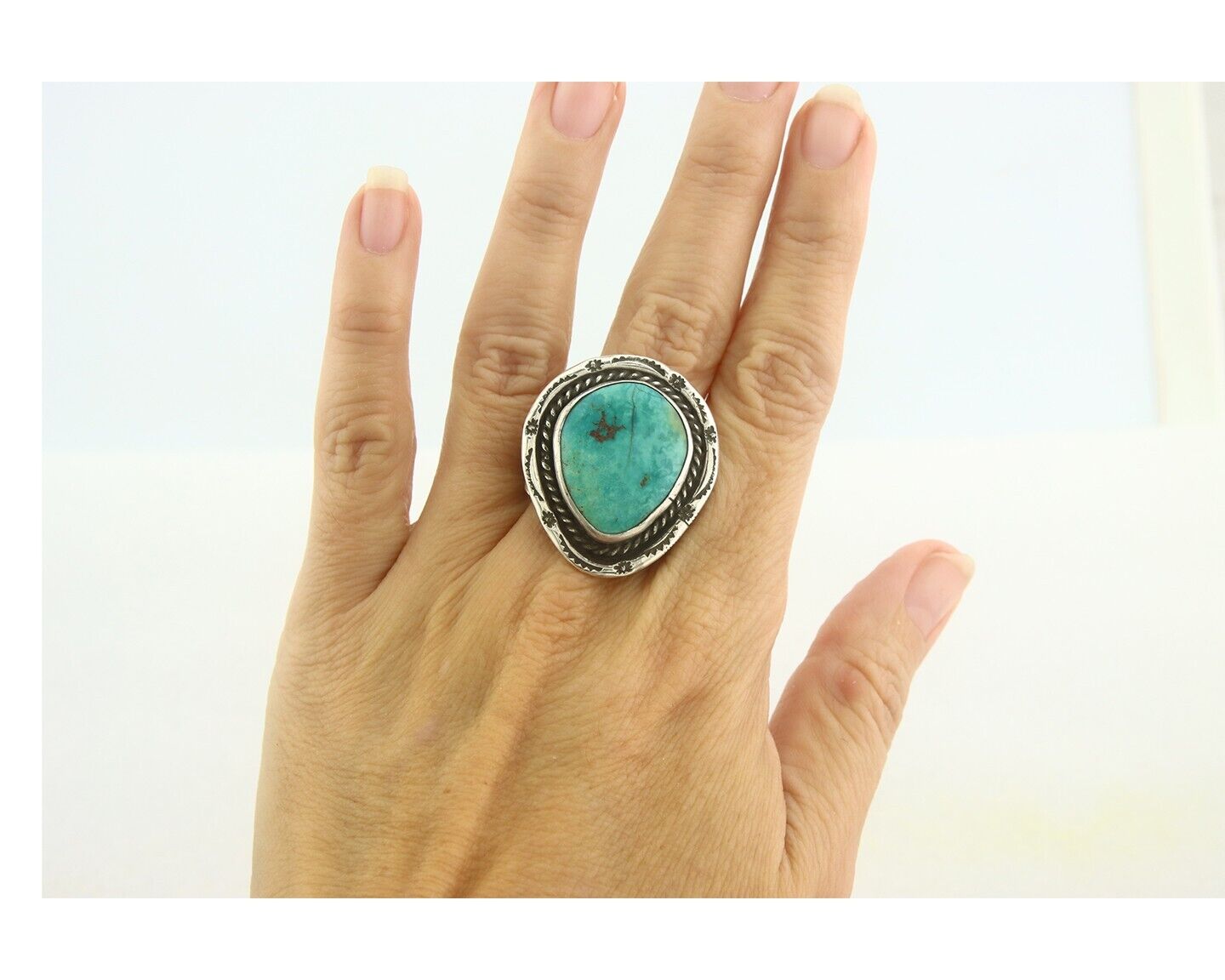 Navajo Men Ring 925 Sterling Blue Turquoise Native Artist C.80's Size 10