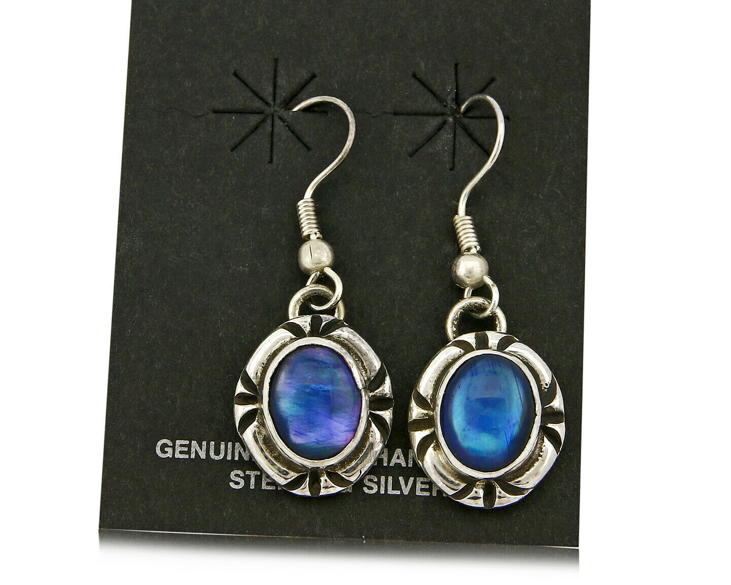 Navajo Hand Stamped Natural Mined Shell .925 SOLID Silver Dangle Earrings