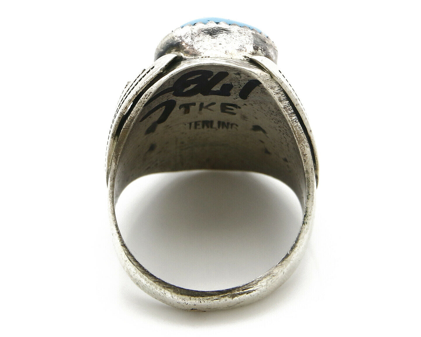 Navajo Ring .925 Silver Handmade Sleeping Beauty Turquoise Signed TKE C.80's