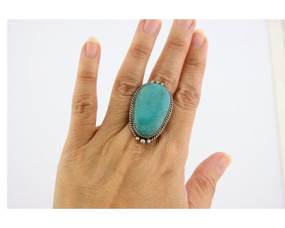 Navajo Ring 925 Sterling Spiderweb Blue Turquoise Native Artist C.80's Size 7.25