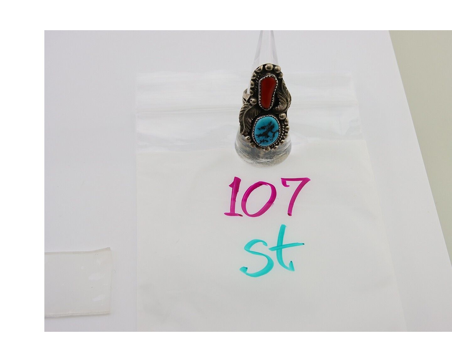 Navajo Ring 925 Sterling Silver Natural Coral & Turquoise Signed SC C.80's