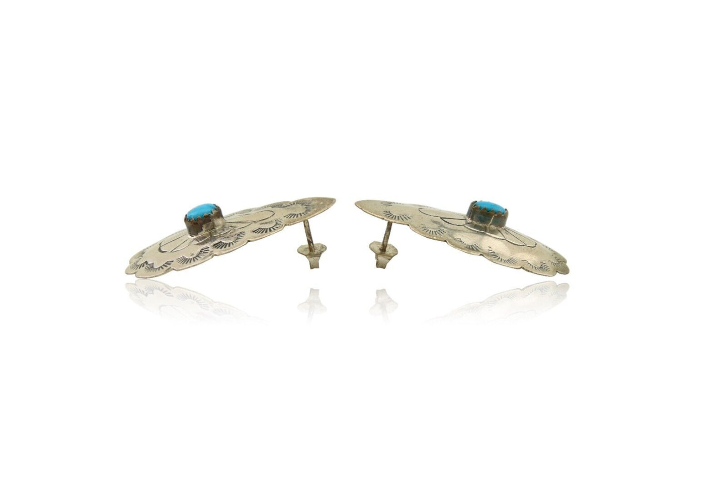Navajo Earrings 925 Silver Concho Hand Stamped Turquoise Native Artist C.80's