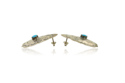 Navajo Earrings 925 Silver Concho Hand Stamped Turquoise Native Artist C.80's