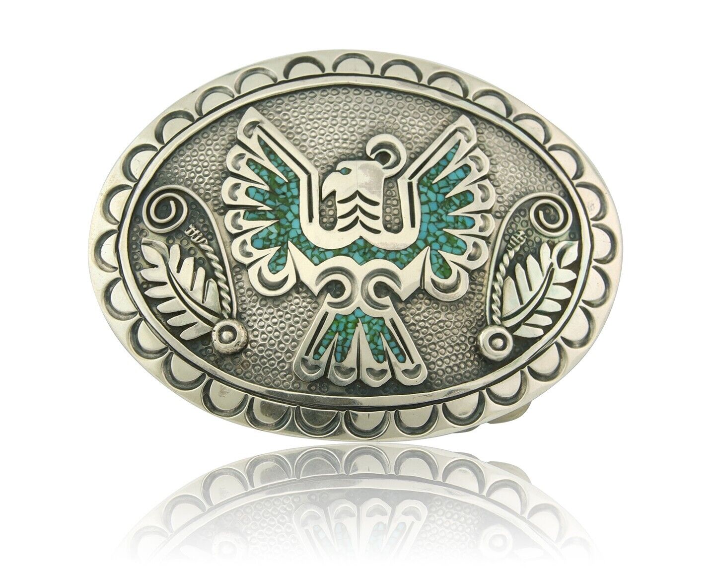 Vintage Navajo Belt Buckle 925 Silver Inlaid Eagle Turqouise Signed Stanley Bain